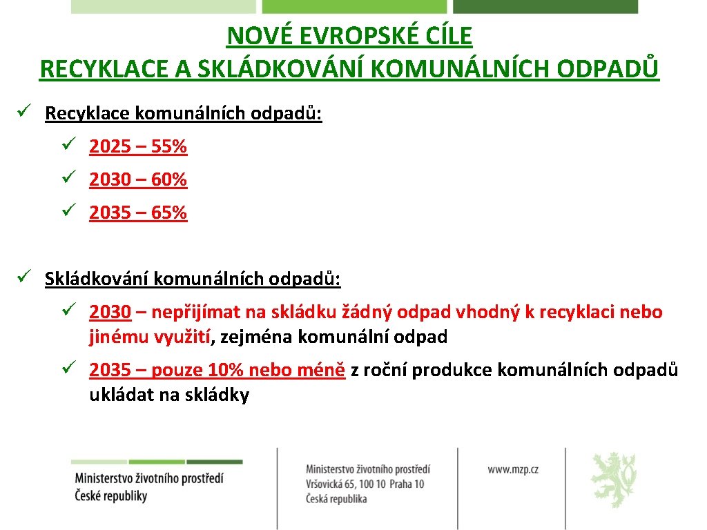 NOVÉ EVROPSKÉ CÍLE RECYKLACE A SKLÁDKOVÁNÍ KOMUNÁLNÍCH ODPADŮ ü Recyklace komunálních odpadů: ü 2025