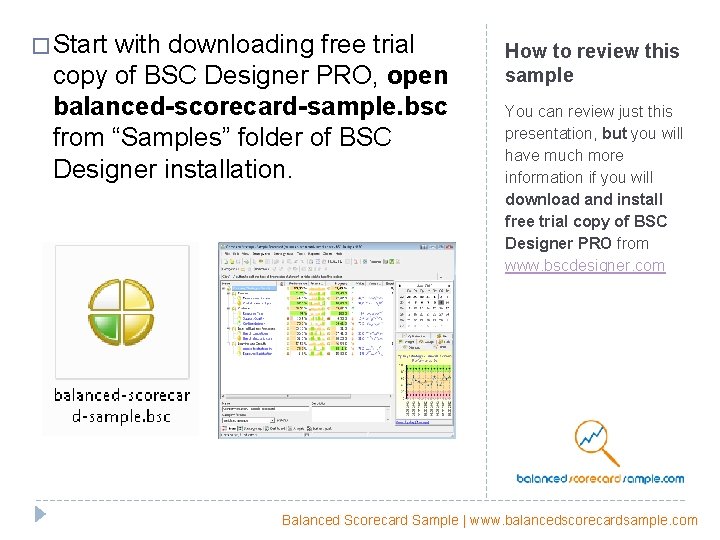 � Start with downloading free trial copy of BSC Designer PRO, open balanced-scorecard-sample. bsc