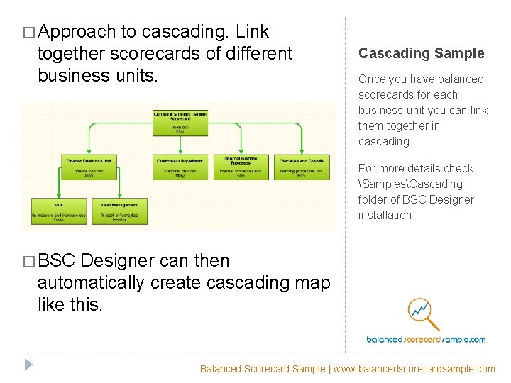 � Approach to cascading. Link together scorecards of different business units. Cascading Sample Once