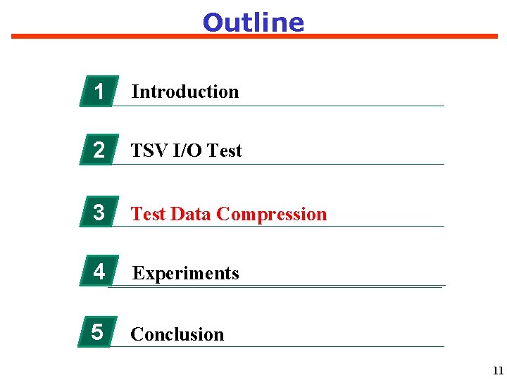 Outline 1 Introduction 2 TSV I/O Test 3 Test Data Compression 4 Experiments 5