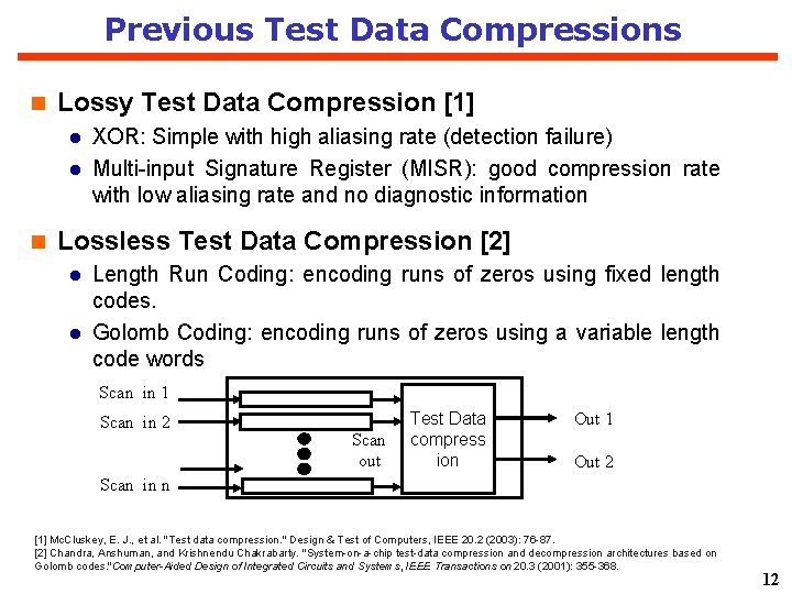 Previous Test Data Compressions Lossy Test Data Compression [1] XOR: Simple with high aliasing