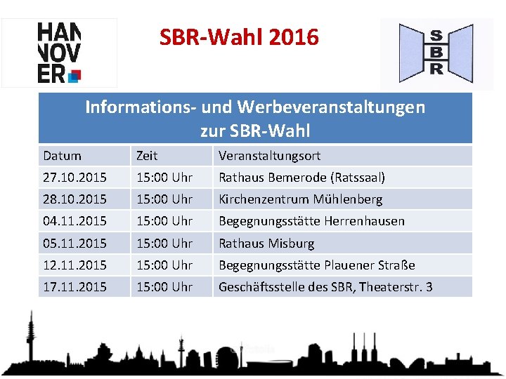 SBR-Wahl 2016 Informations- und Werbeveranstaltungen zur SBR-Wahl Datum Zeit Veranstaltungsort 27. 10. 2015 15: