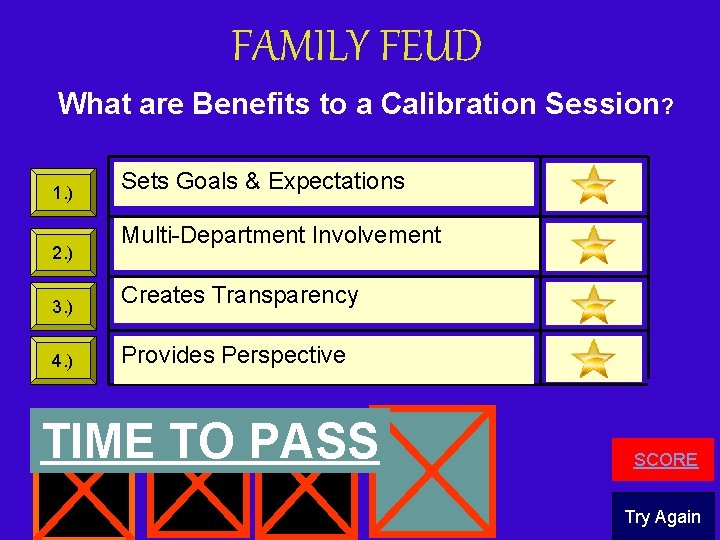FAMILY FEUD What are Benefits to a Calibration Session? 1. ) 2. ) Sets