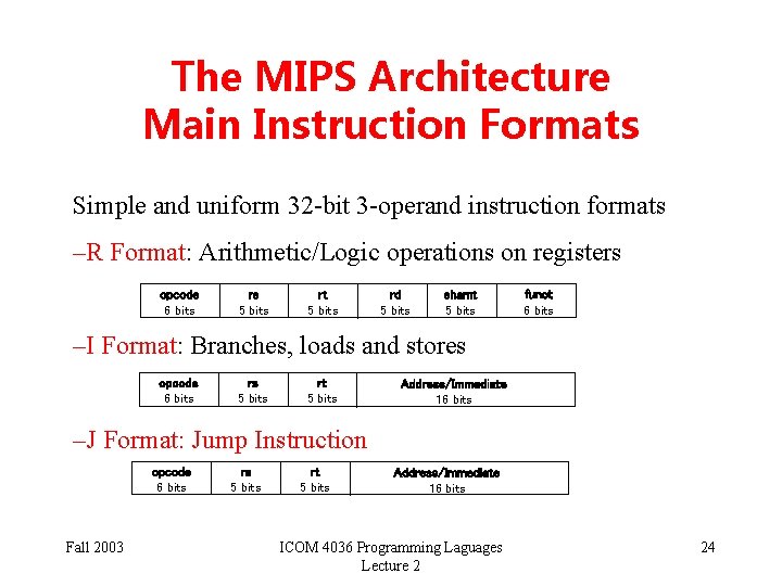 The MIPS Architecture Main Instruction Formats Simple and uniform 32 -bit 3 -operand instruction