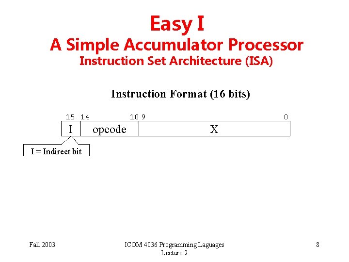 Easy I A Simple Accumulator Processor Instruction Set Architecture (ISA) Instruction Format (16 bits)
