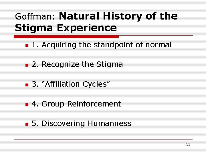 Goffman: Natural History of the Stigma Experience n 1. Acquiring the standpoint of normal