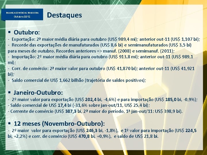 BALANÇA COMERCIAL BRASILEIRA Outubro/2012 Destaques § Outubro: - Exportação: 2ª maior média diária para