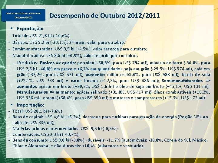 BALANÇA COMERCIAL BRASILEIRA Outubro/2012 Desempenho de Outubro 2012/2011 § Exportação: - Total de US$