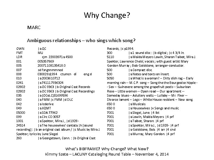 Why Change? MARC Ambiguous relationships – who sings which song? OWN |a QC FMT