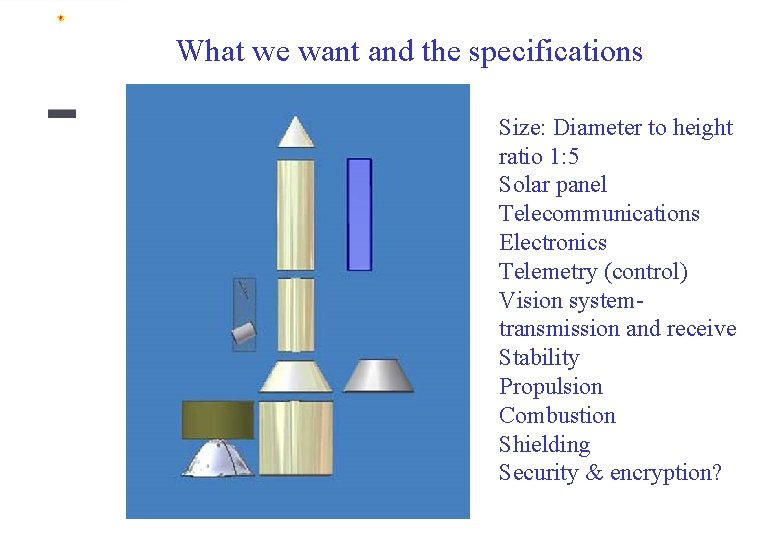 What we want and the specifications Size: Diameter to height ratio 1: 5 Solar