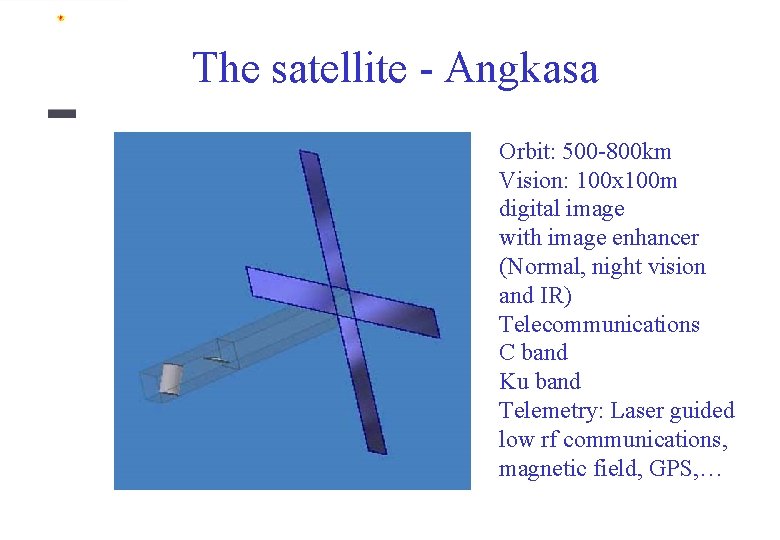 The satellite - Angkasa Orbit: 500 -800 km Vision: 100 x 100 m digital