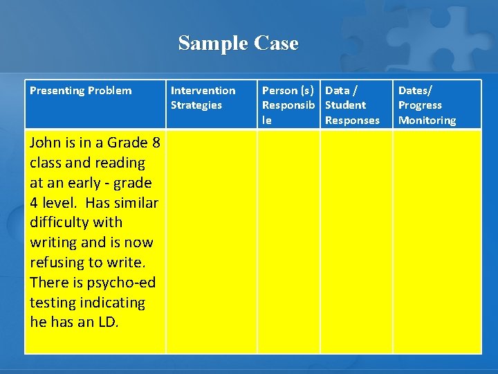 Sample Case Presenting Problem John is in a Grade 8 class and reading at