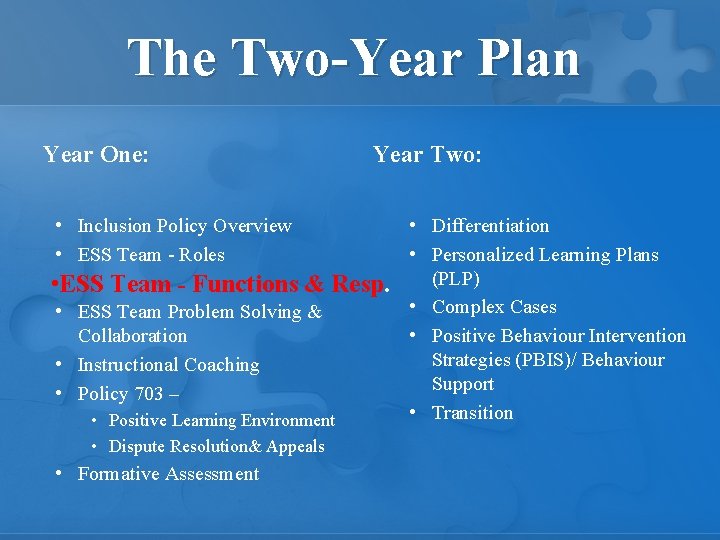 The Two-Year Plan Year One: Year Two: • Inclusion Policy Overview • ESS Team