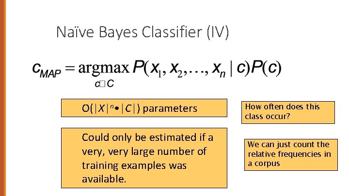 Naïve Bayes Classifier (IV) O(|X|n • |C|) parameters Could only be estimated if a