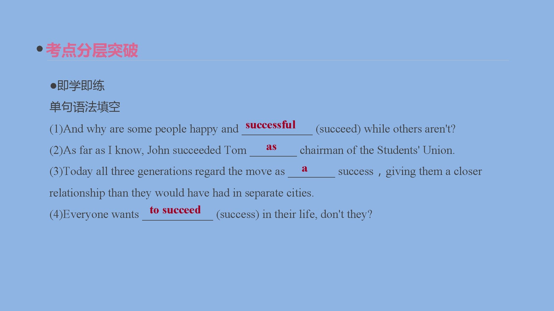 考点分层突破 ●即学即练 单句语法填空 successful (1)And why are some people happy and ______ (succeed) while