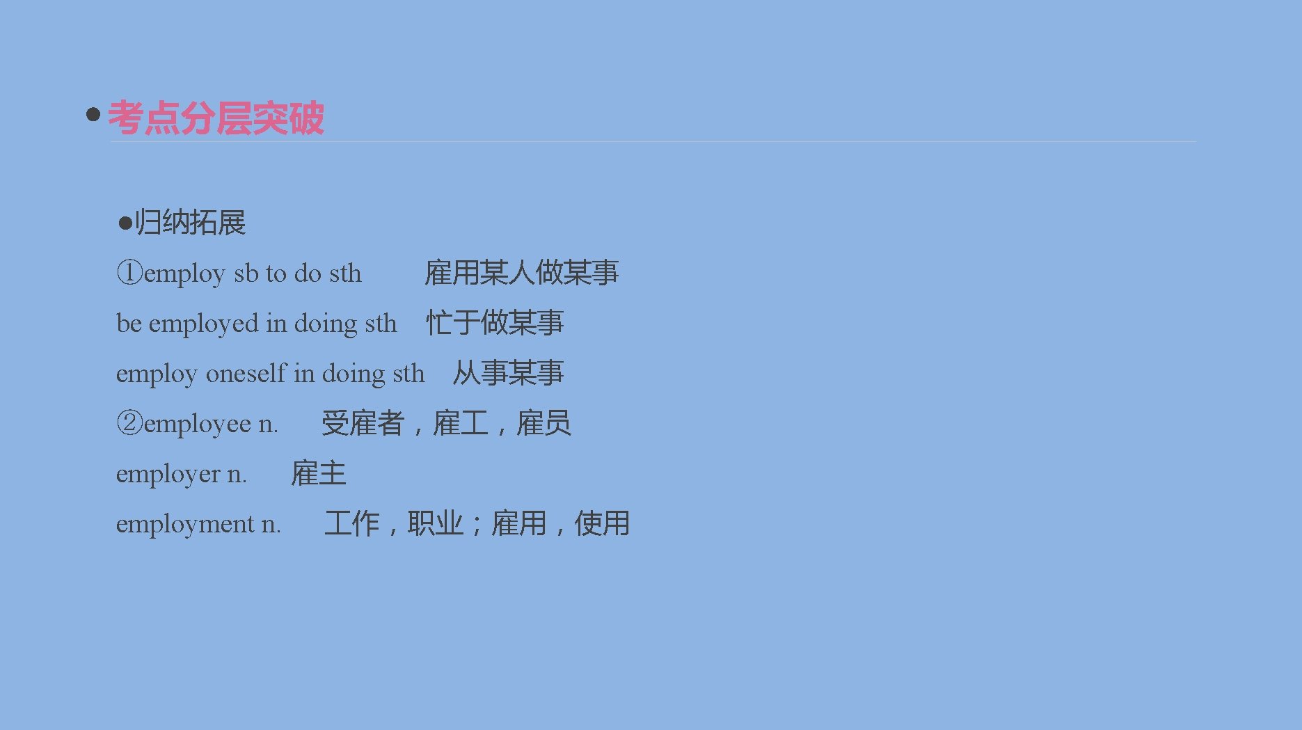 考点分层突破 ●归纳拓展 ①employ sb to do sth 雇用某人做某事 be employed in doing sth 忙于做某事