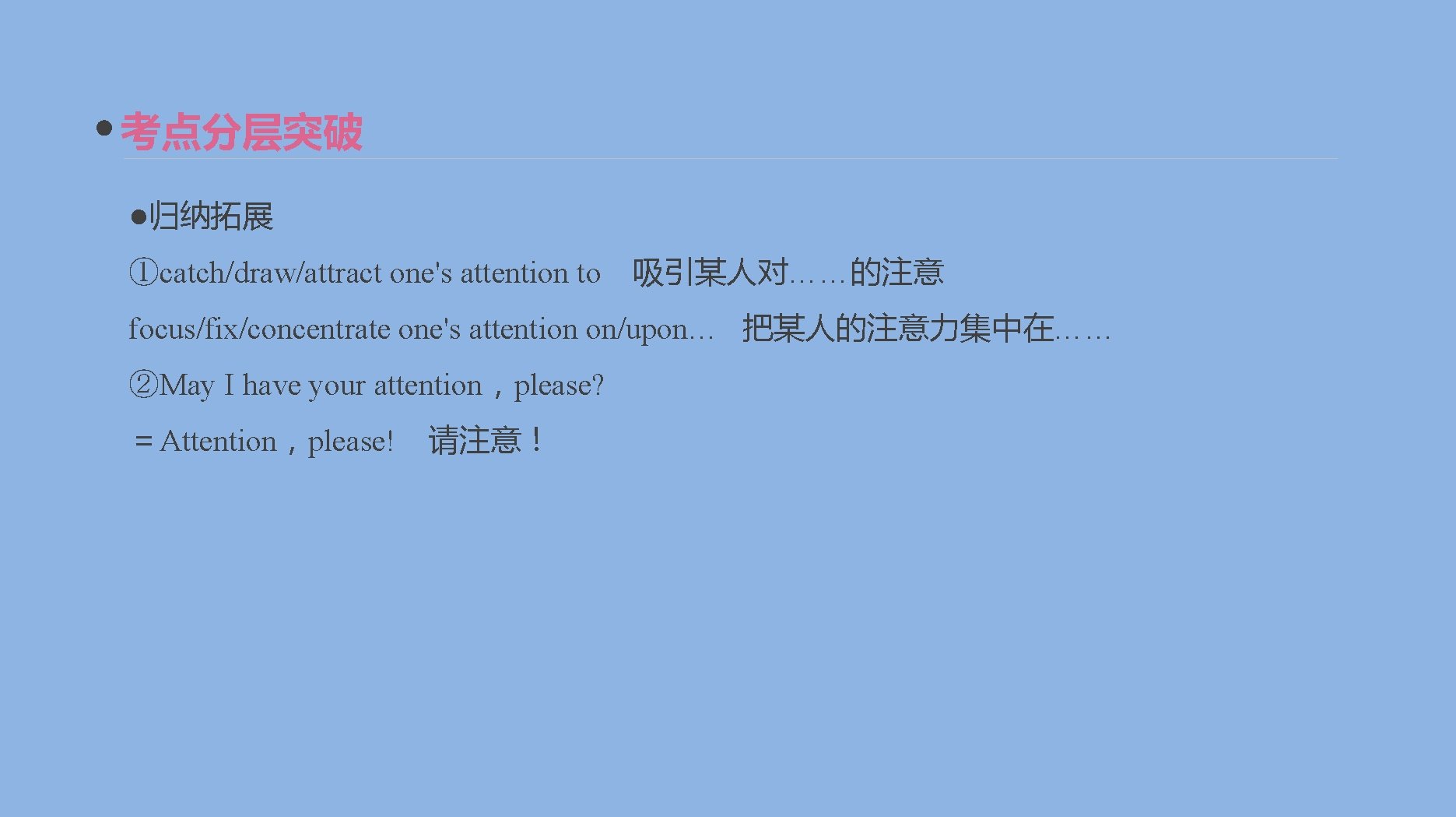 考点分层突破 ●归纳拓展 ①catch/draw/attract one's attention to 吸引某人对……的注意 focus/fix/concentrate one's attention on/upon… 把某人的注意力集中在…… ②May I