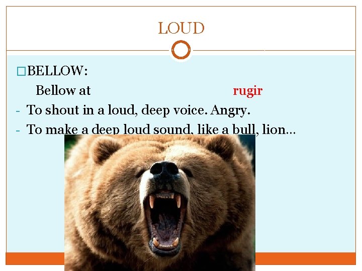 LOUD �BELLOW: Bellow at rugir - To shout in a loud, deep voice. Angry.