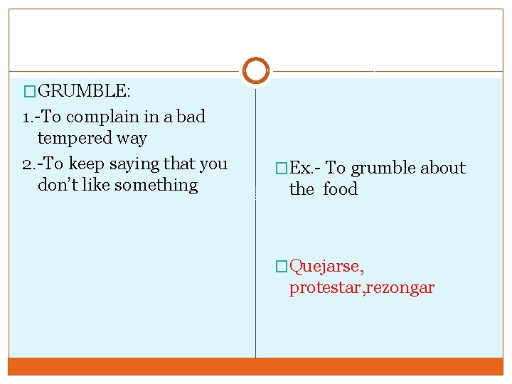 �GRUMBLE: 1. -To complain in a bad tempered way 2. -To keep saying that