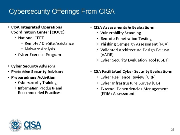 Cybersecurity Offerings From CISA • CISA Integrated Operations Coordination Center (CIOCC) • National CERT