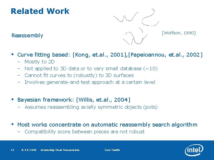 Related Work [Wolfson, 1990] Reassembly • Curve fitting based: [Kong, et. al. , 2001],