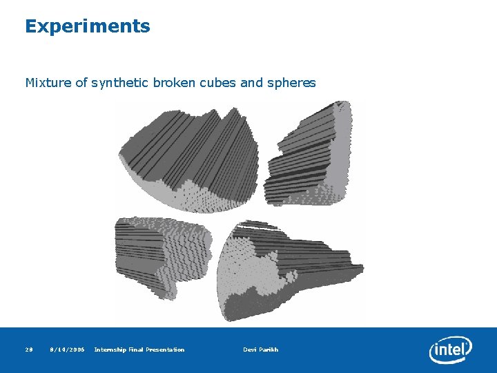 Experiments Mixture of synthetic broken cubes and spheres 28 8/14/2006 Internship Final Presentation Devi