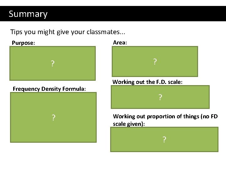 Summary Tips you might give your classmates. . . Purpose: Histograms allow us to