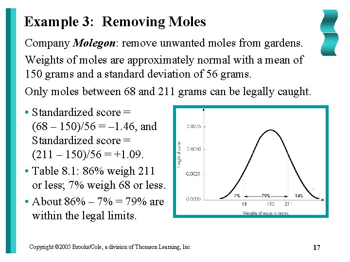 Example 3: Removing Moles Company Molegon: remove unwanted moles from gardens. Weights of moles