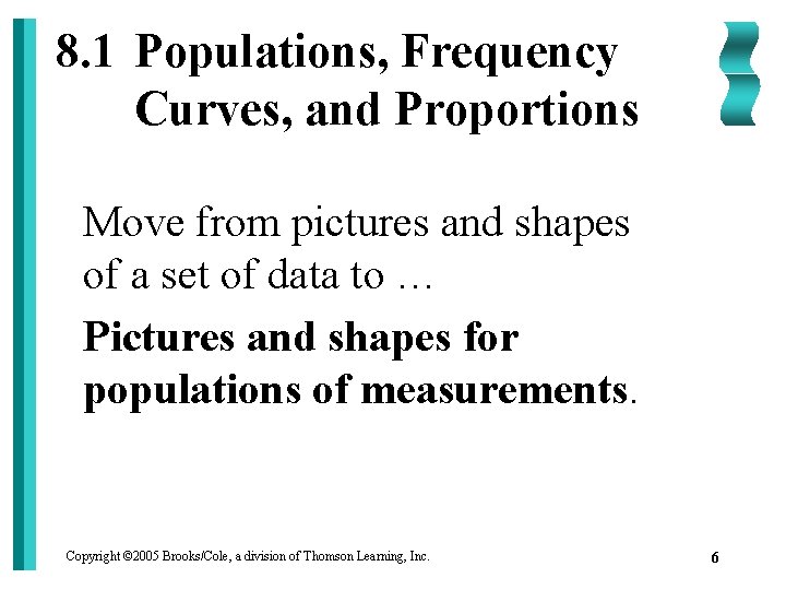 8. 1 Populations, Frequency Curves, and Proportions Move from pictures and shapes of a