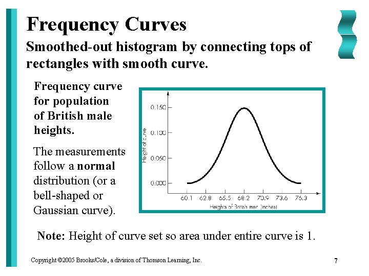 Frequency Curves Smoothed-out histogram by connecting tops of rectangles with smooth curve. Frequency curve