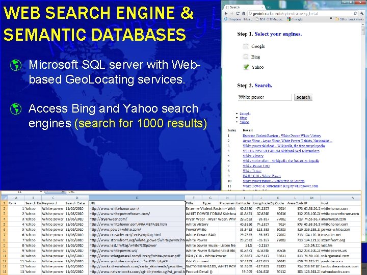 WEB SEARCH ENGINE & SEMANTIC DATABASES Microsoft SQL server with Webbased Geo. Locating services.
