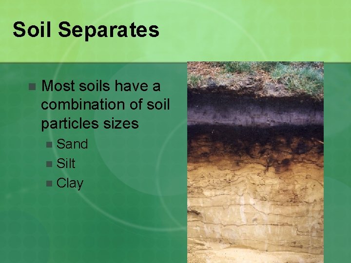 Soil Separates n Most soils have a combination of soil particles sizes Sand n