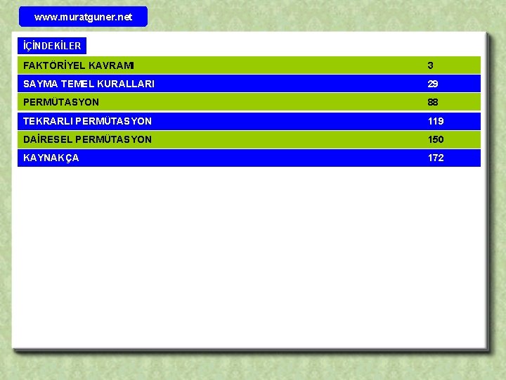 www. muratguner. net İÇİNDEKİLER FAKTÖRİYEL KAVRAMI 3 SAYMA TEMEL KURALLARI 29 PERMÜTASYON 88 TEKRARLI