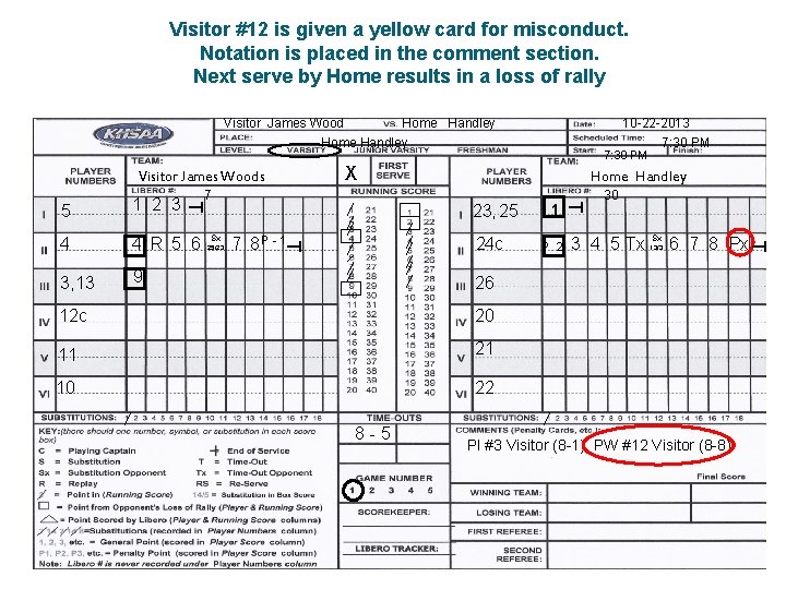Visitor #12 is given a yellow card for misconduct. Notation is placed in the