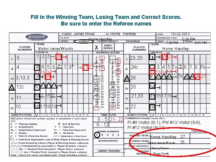 Fill in the Winning Team, Losing Team and Correct Scores. Be sure to enter