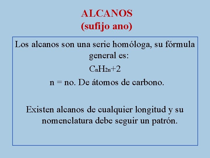 ALCANOS (sufijo ano) Los alcanos son una serie homóloga, su fórmula general es: Cn.