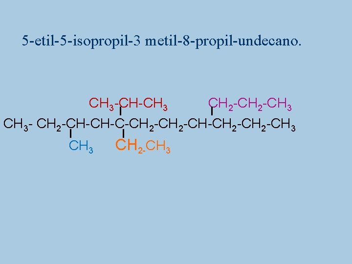 5 -etil-5 -isopropil-3 metil-8 -propil-undecano. CH 3 -CH-CH 3 CH 2 -CH 3 -