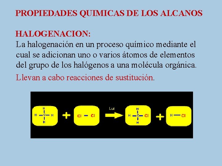 PROPIEDADES QUIMICAS DE LOS ALCANOS HALOGENACION: La halogenación en un proceso químico mediante el