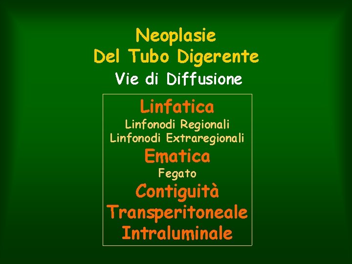 Neoplasie Del Tubo Digerente Vie di Diffusione Linfatica Linfonodi Regionali Linfonodi Extraregionali Ematica Fegato