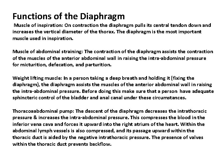 Functions of the Diaphragm Muscle of inspiration: On contraction the diaphragm pulls its central
