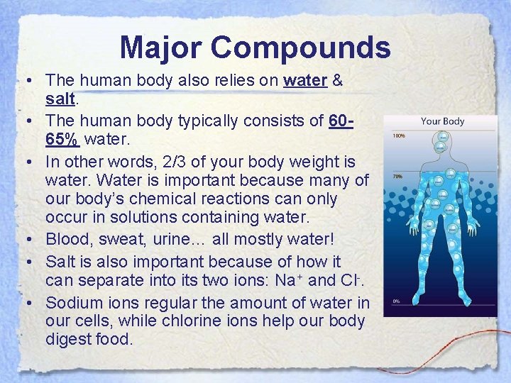 Major Compounds • The human body also relies on water & salt. • The