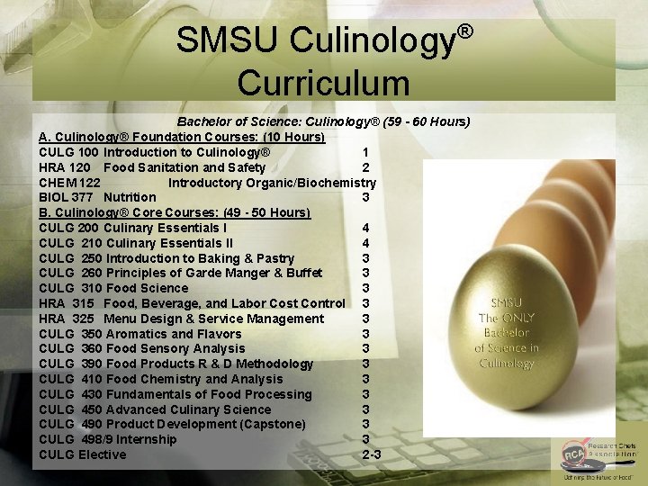 SMSU Culinology Curriculum ® Bachelor of Science: Culinology® (59 - 60 Hours) A. Culinology®