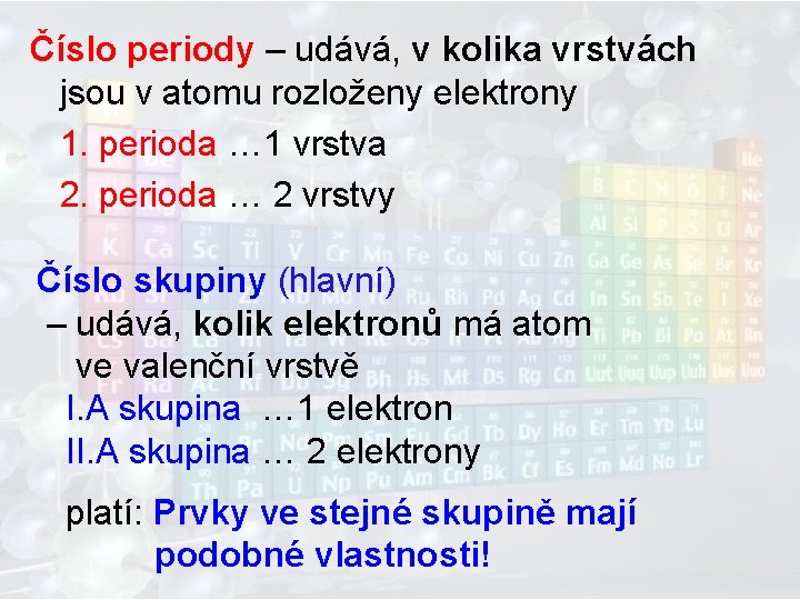 Číslo periody – udává, v kolika vrstvách jsou v atomu rozloženy elektrony 1. perioda