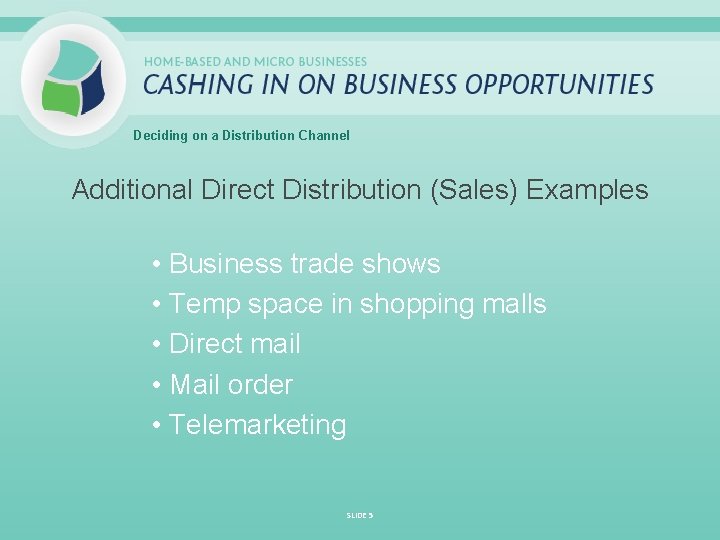 Deciding on a Distribution Channel Additional Direct Distribution (Sales) Examples • Business trade shows