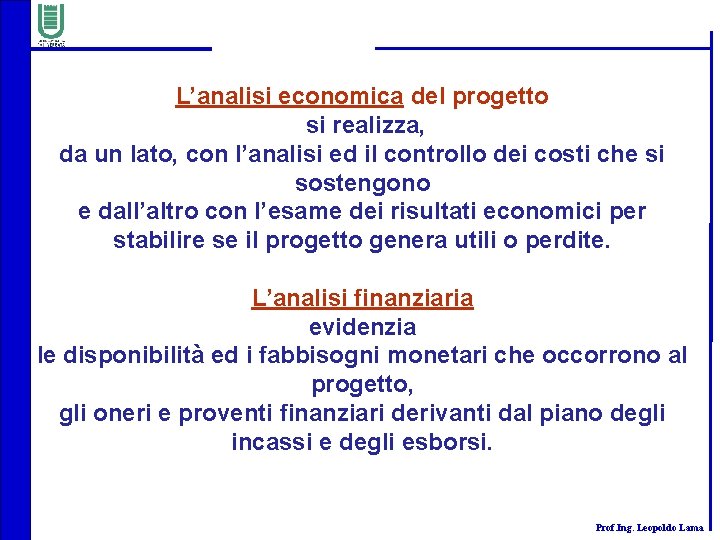 L’analisi economica del progetto si realizza, da un lato, con l’analisi ed il controllo