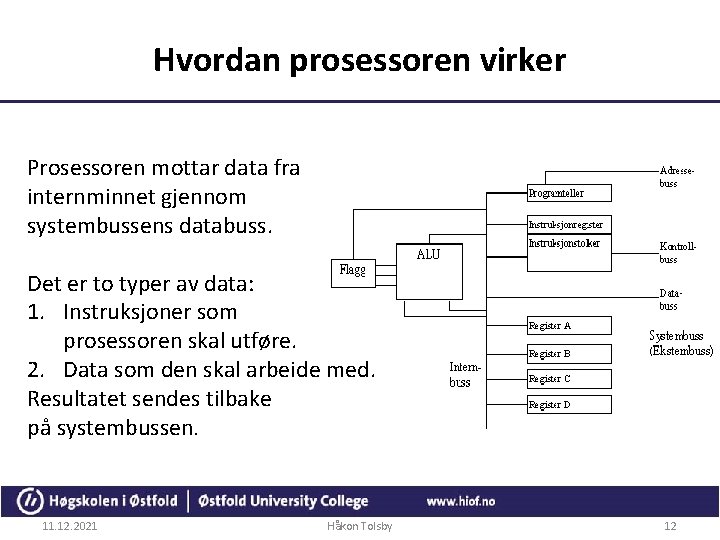 Hvordan prosessoren virker Prosessoren mottar data fra internminnet gjennom systembussens databuss. Det er to