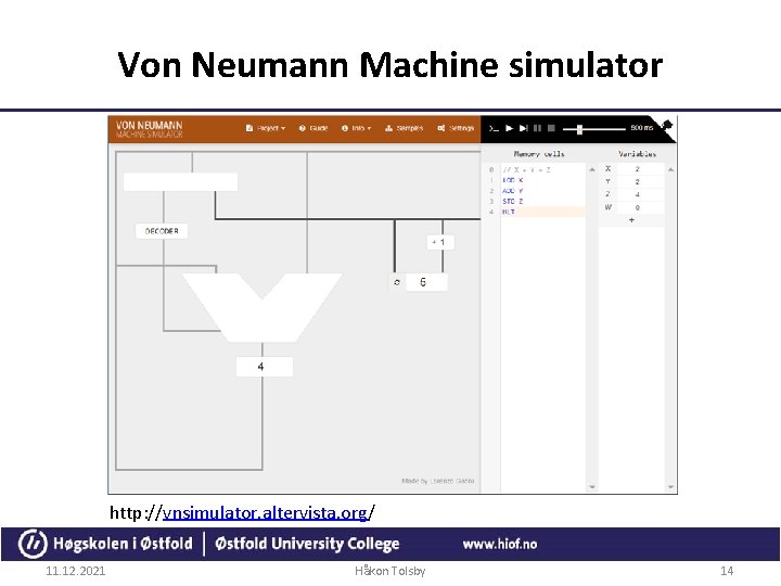 Von Neumann Machine simulator http: //vnsimulator. altervista. org/ 11. 12. 2021 Håkon Tolsby 14