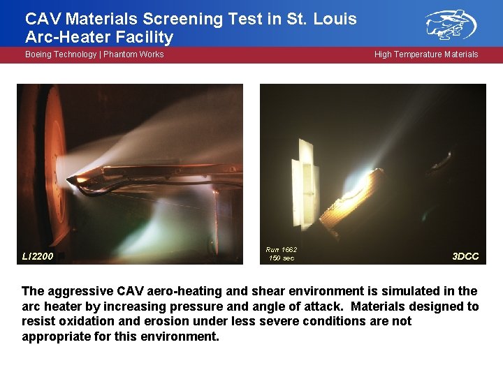 CAV Materials Screening Test in St. Louis Arc-Heater Facility Boeing Technology | Phantom Works