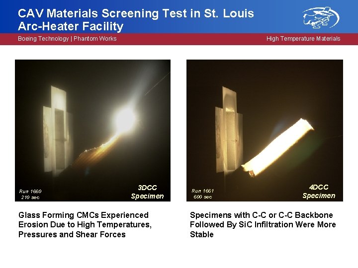 CAV Materials Screening Test in St. Louis Arc-Heater Facility Boeing Technology | Phantom Works