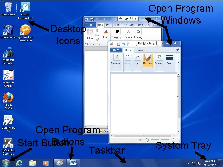 Desktop Icons Open Program Buttons Start Button Taskbar Open Program Windows System Tray 